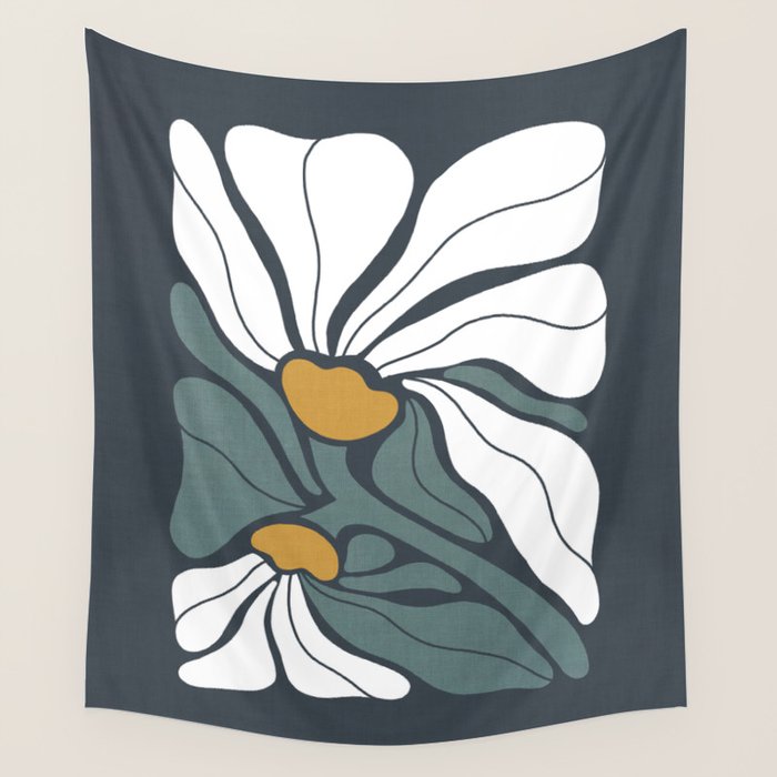 Bold Boho Art Nouveau Floral 3.2 ochre, teal blue, white Wall Tapestry Gallery Image 4