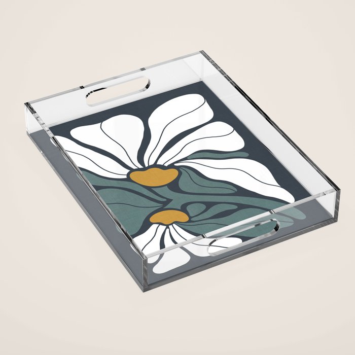 Bold Boho Art Nouveau Floral 3.2 ochre, teal blue, white Acrylic Tray Gallery Image 1