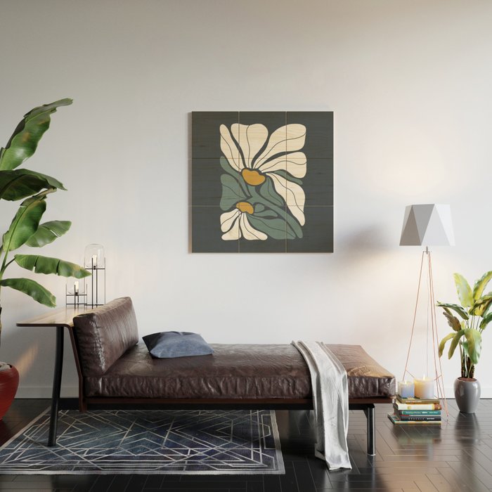 Bold Boho Art Nouveau Floral 3.2 ochre, teal blue, white Wood Wall Art Gallery Image 2