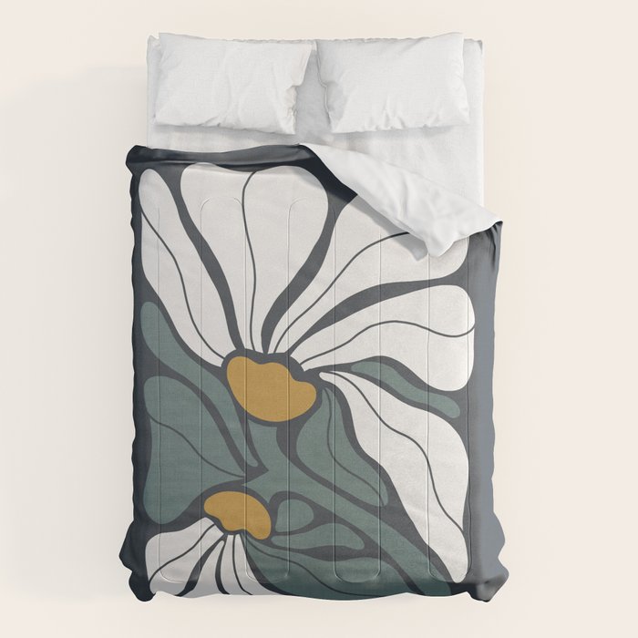Bold Boho Art Nouveau Floral 3.2 ochre, teal blue, white Comforter Gallery Image 1