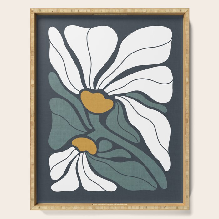 Bold Boho Art Nouveau Floral 3.2 ochre, teal blue, white Serving Tray Gallery Image 1