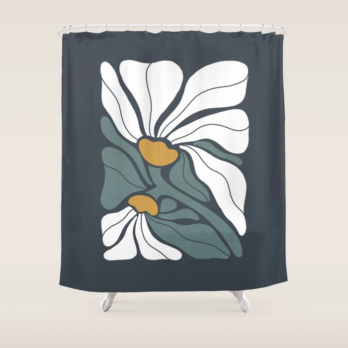Bold Boho Art Nouveau Floral 3.2 ochre, teal blue, white Shower Curtain Gallery Image 1