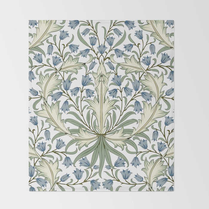 William Morris Vintage Bluebell Floral Blue Green & White  Throw Blanket Gallery Image 2