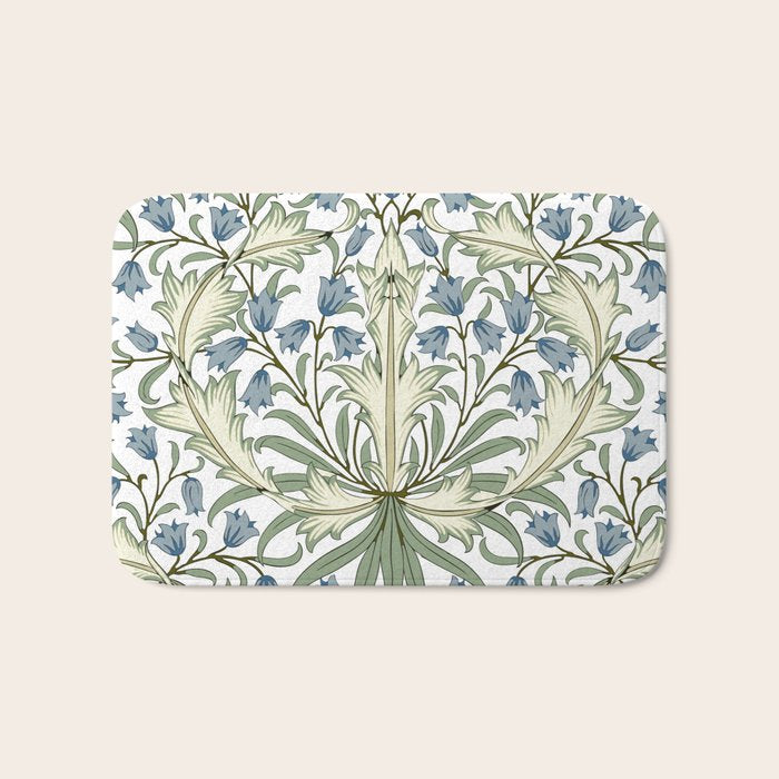 William Morris Vintage Bluebell Floral Blue Green & White  Bath Mat Gallery Image 1