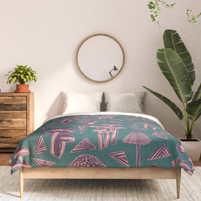 Block-print Mushrooms - purple on green Comforter Gallery Image 3