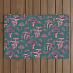 Block-print Mushrooms - purple on green Outdoor Rug Gallery Image 1