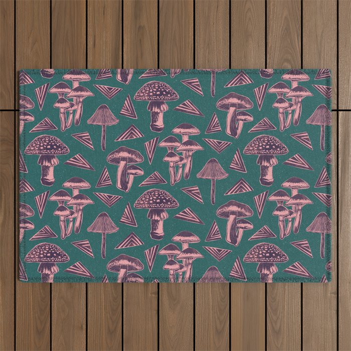 Block-print Mushrooms - purple on green Outdoor Rug Gallery Image 1