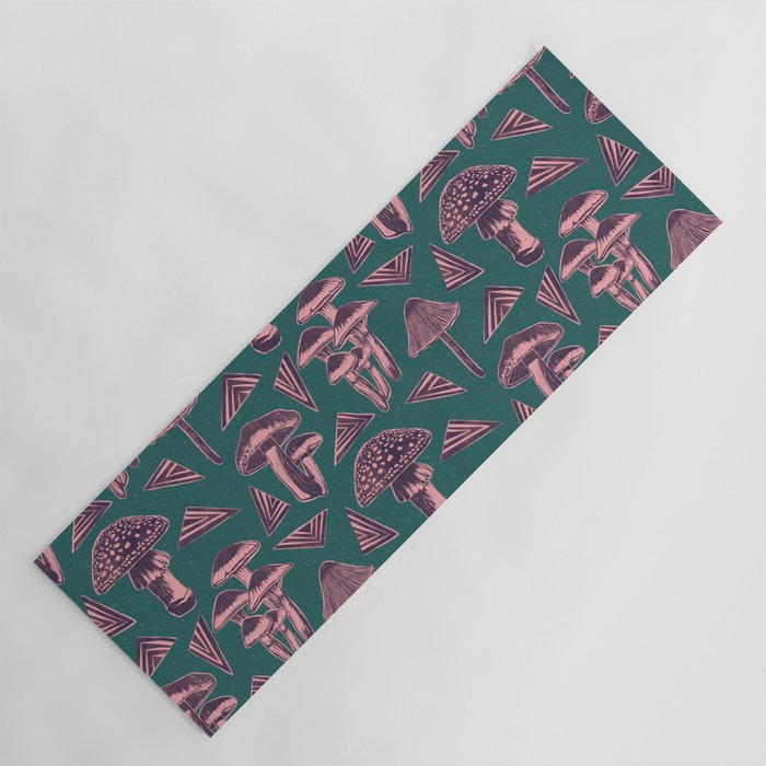 Block-print Mushrooms - purple on green Yoga Mat Gallery Image 1