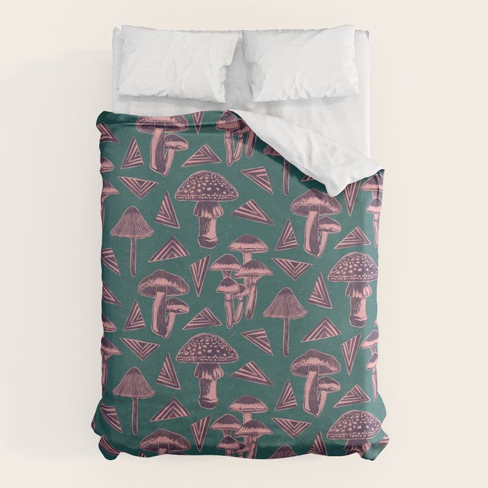 Block-print Mushrooms - purple on green Duvet Cover Gallery Image 1