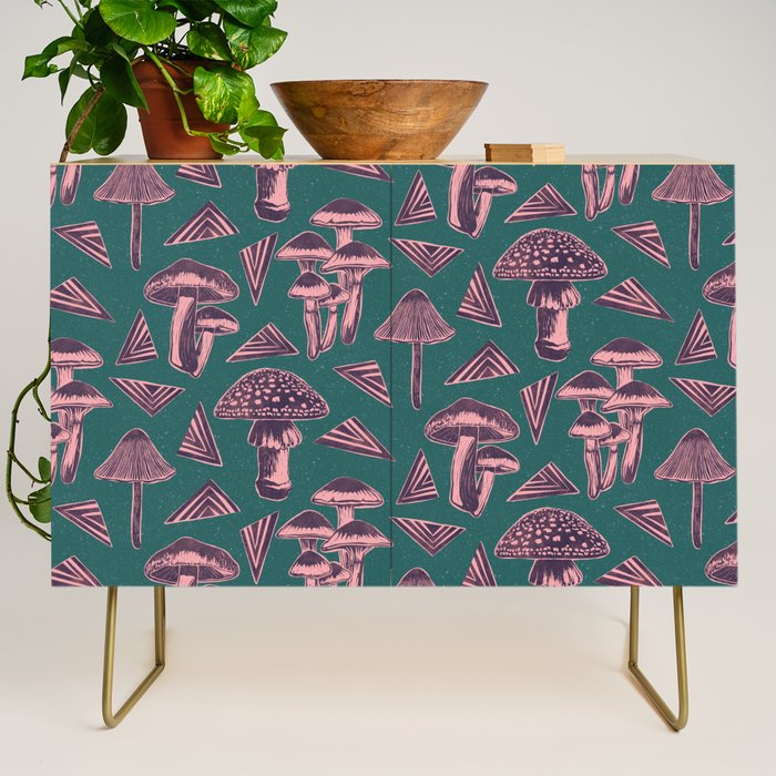 Block-print Mushrooms - purple on green Credenza Gallery Image 1