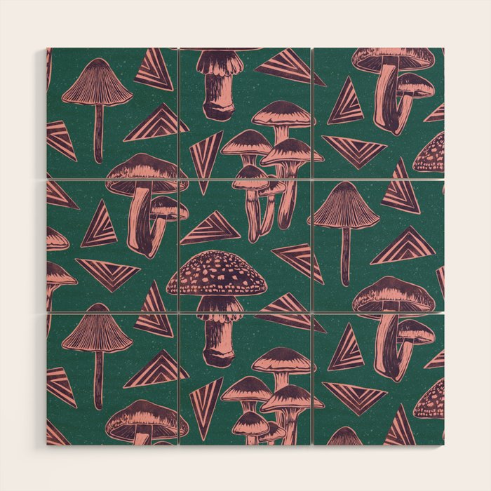 Block-print Mushrooms - purple on green Wood Wall Art Gallery Image 1
