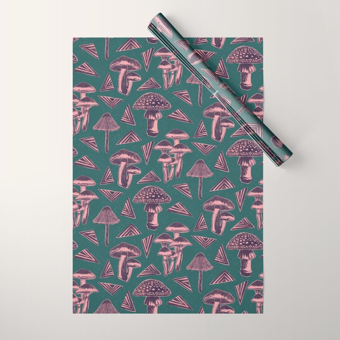 Block-print Mushrooms - purple on green Wrapping Paper Gallery Image 1