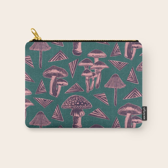 Block-print Mushrooms - purple on green Carry All Pouch Gallery Image 1