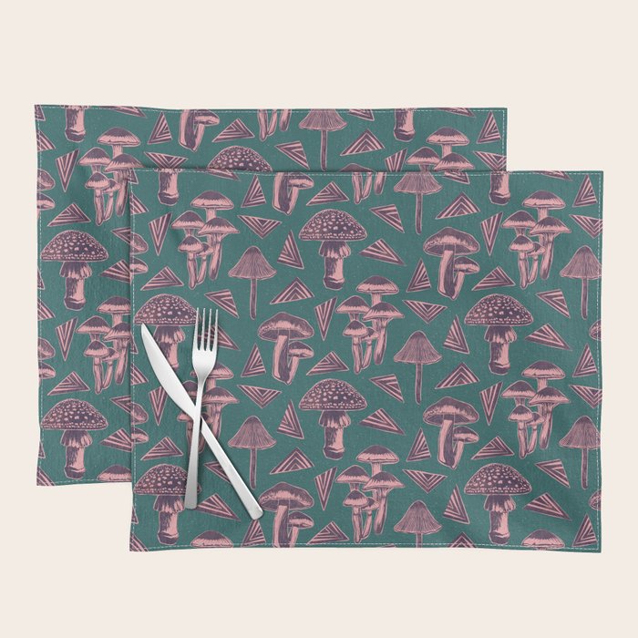 Block-print Mushrooms - purple on green Placemat Gallery Image 1