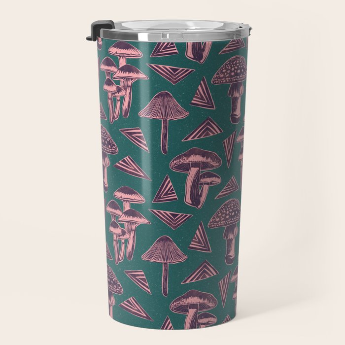 Block-print Mushrooms - purple on green Travel Mug Gallery Image 3