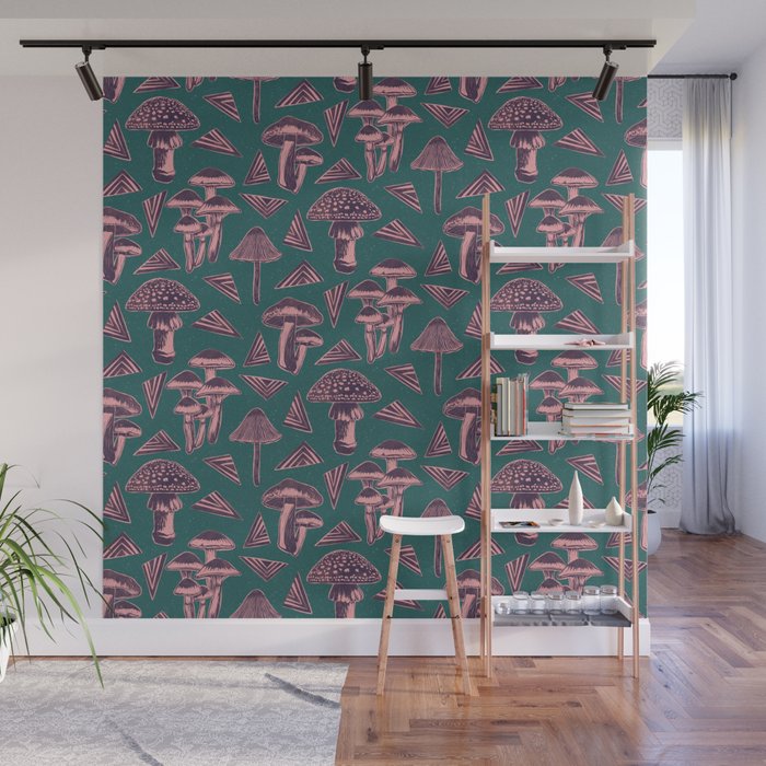 Block-print Mushrooms - purple on green Wall Mural Gallery Image 1