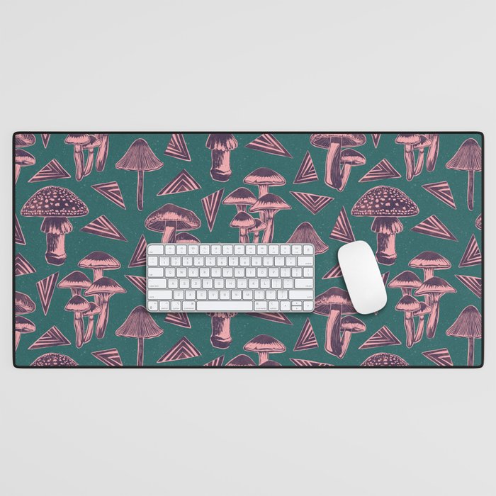 Block-print Mushrooms - purple on green Desk Mat Gallery Image 1