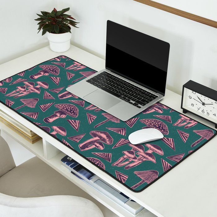 Block-print Mushrooms - purple on green Desk Mat Gallery Image 2