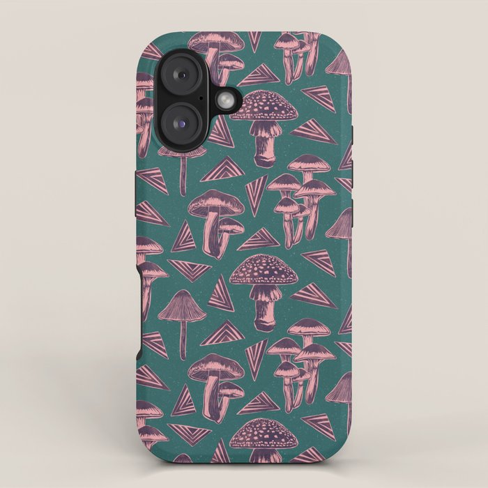 Block-print Mushrooms - purple on green iPhone Case Gallery Image 1