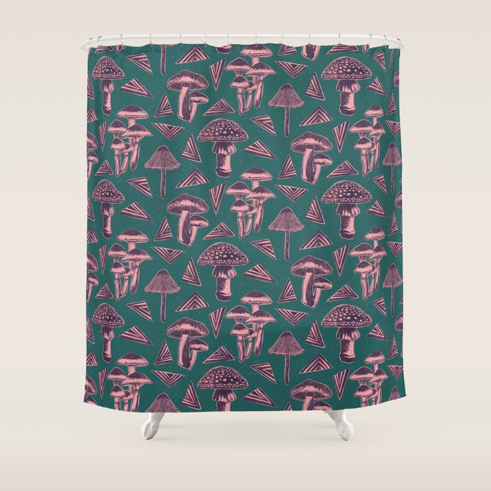 Block-print Mushrooms - purple on green Shower Curtain Gallery Image 1