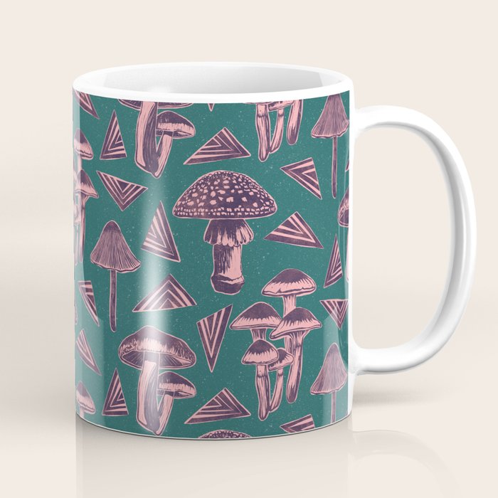Block-print Mushrooms - purple on green Coffee Mug Gallery Image 1