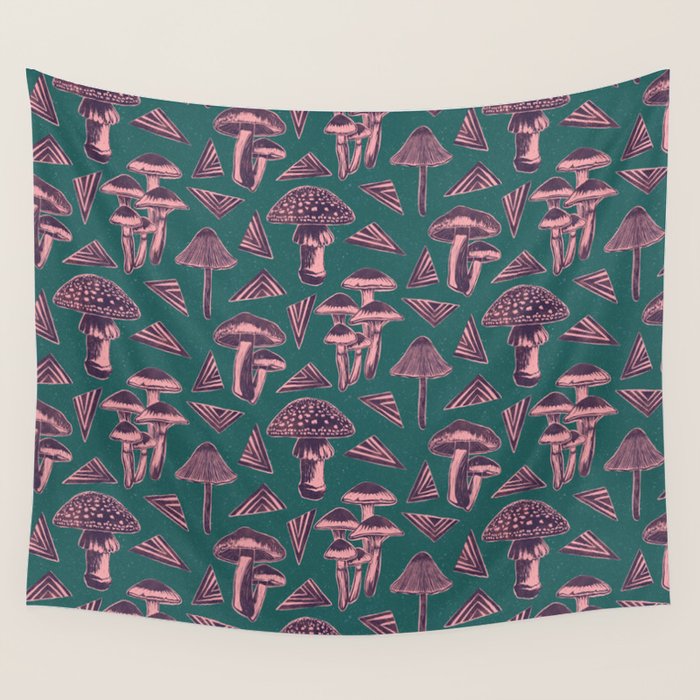 Block-print Mushrooms - purple on green Wall Tapestry Gallery Image 1