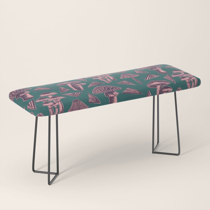 Block-print Mushrooms - purple on green Bench Gallery Image 1