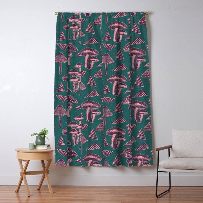 Block-print Mushrooms - purple on green Window Curtain Gallery Image 1