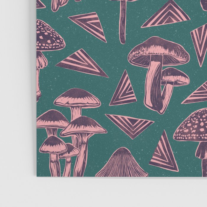Block-print Mushrooms - purple on green Poster Gallery Image 3