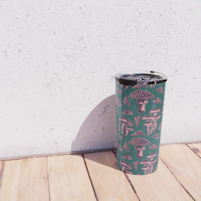 Block-print Mushrooms - purple on green Travel Mug Gallery Image 4