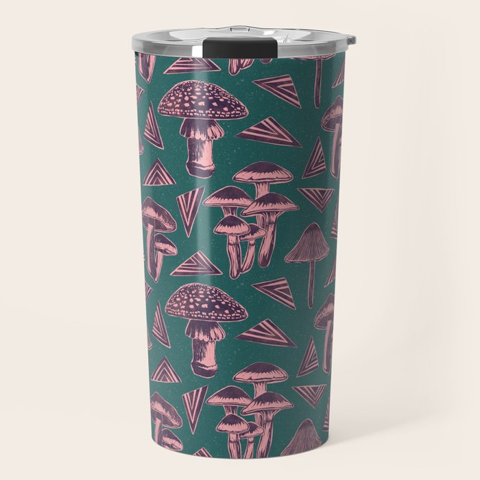 Block-print Mushrooms - purple on green Travel Mug Gallery Image 1