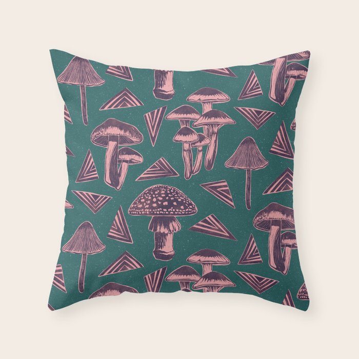 Block-print Mushrooms - purple on green Throw Pillow Gallery Image 6