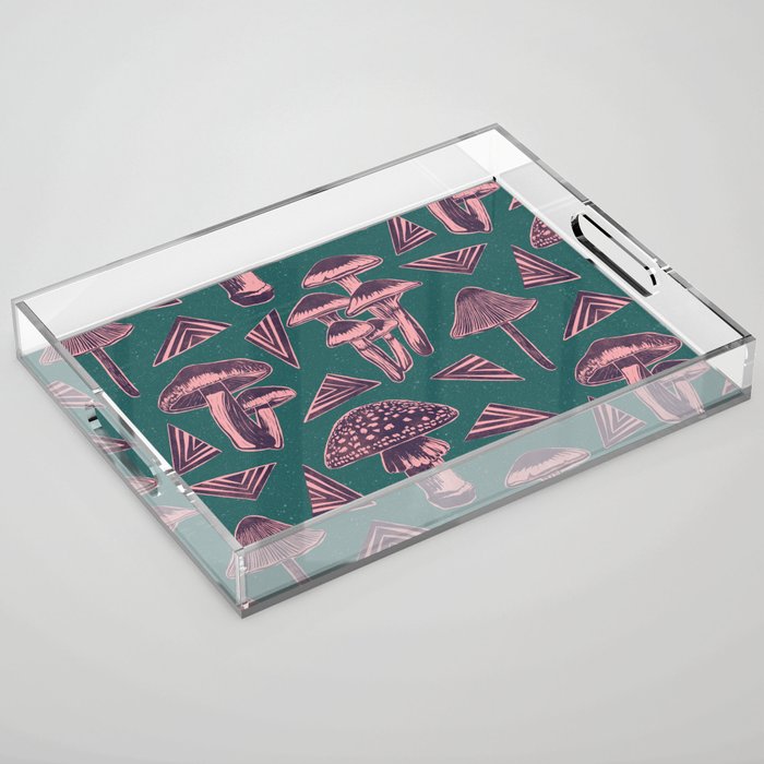 Block-print Mushrooms - purple on green Acrylic Tray Gallery Image 1