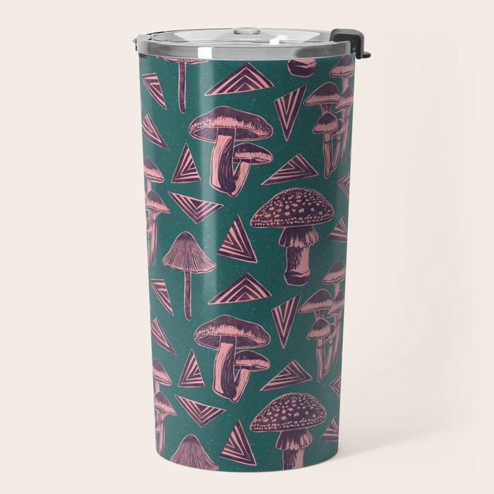 Block-print Mushrooms - purple on green Travel Mug Gallery Image 2