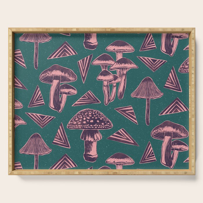 Block-print Mushrooms - purple on green Serving Tray Gallery Image 1
