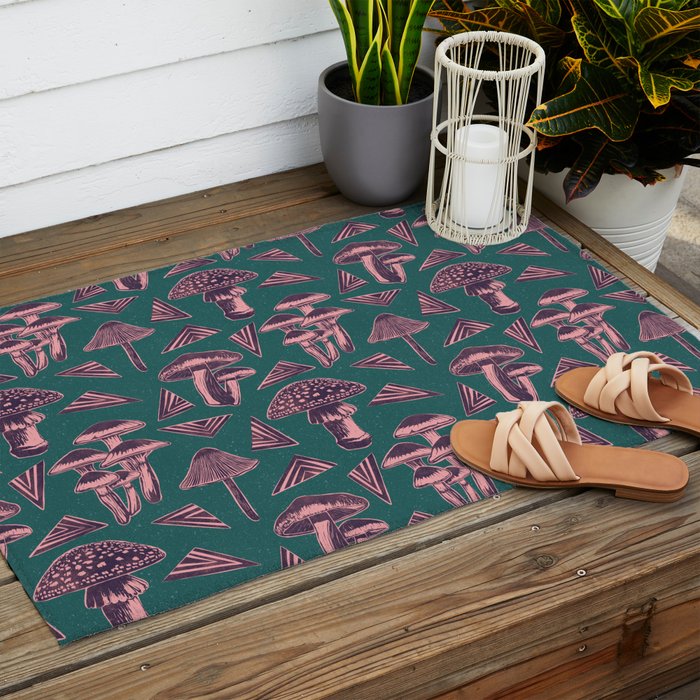 Block-print Mushrooms - purple on green Outdoor Rug Gallery Image 2