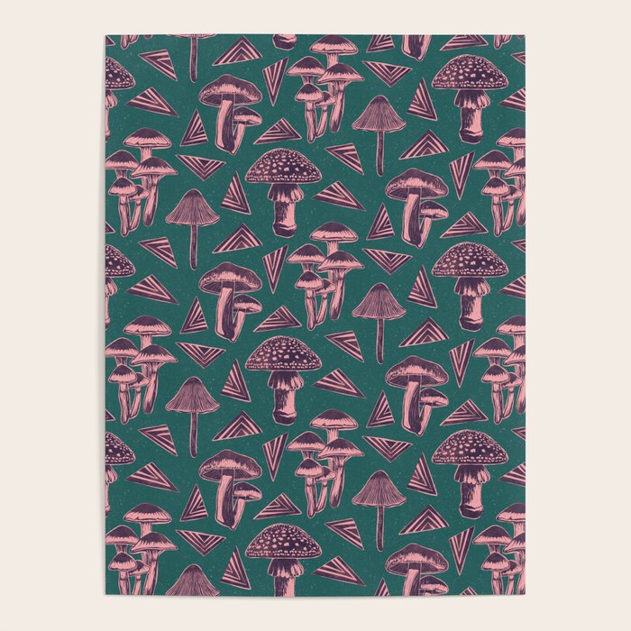 Block-print Mushrooms - purple on green Poster Gallery Image 4