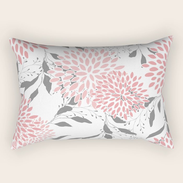 Festive, Floral Prints, Leaves and Blooms, Pink, Gray and White Rectangular Pillow Gallery Image 2