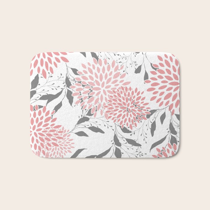 Festive, Floral Prints, Leaves and Blooms, Pink, Gray and White Bath Mat Gallery Image 1