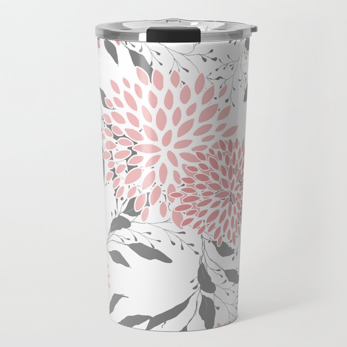 Festive, Floral Prints, Leaves and Blooms, Pink, Gray and White Travel Mug Gallery Image 1