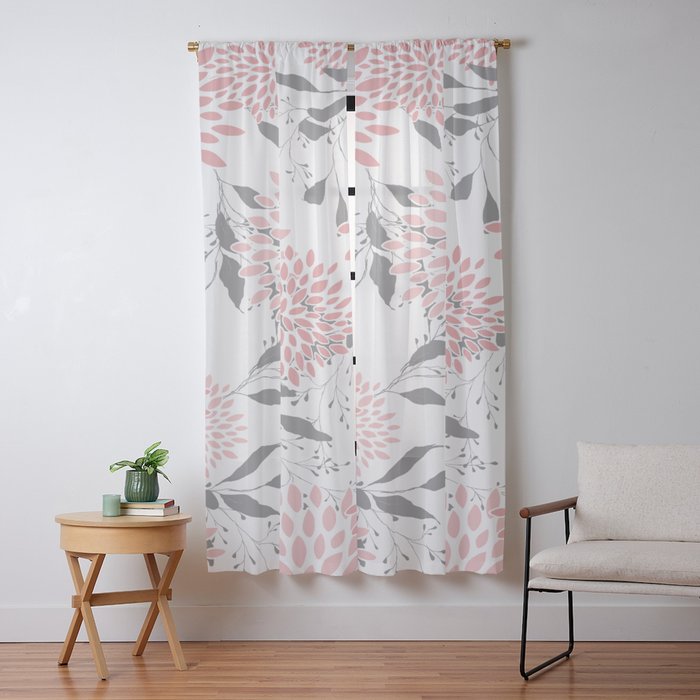 Festive, Floral Prints, Leaves and Blooms, Pink, Gray and White Window Curtain Gallery Image 9