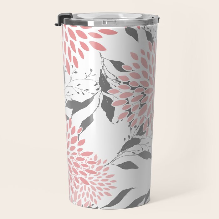 Festive, Floral Prints, Leaves and Blooms, Pink, Gray and White Travel Mug Gallery Image 3