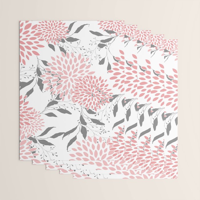 Festive, Floral Prints, Leaves and Blooms, Pink, Gray and White Wrapping Paper Gallery Image 3