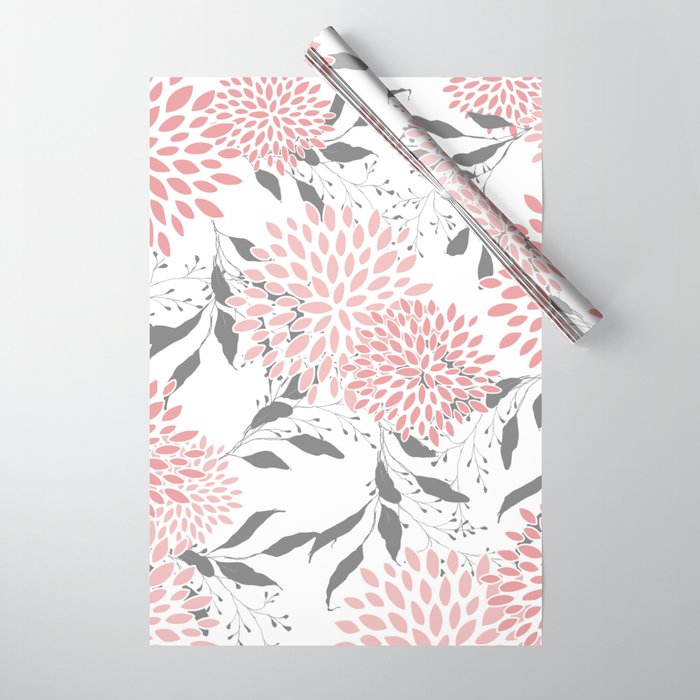 Festive, Floral Prints, Leaves and Blooms, Pink, Gray and White Wrapping Paper Gallery Image 1
