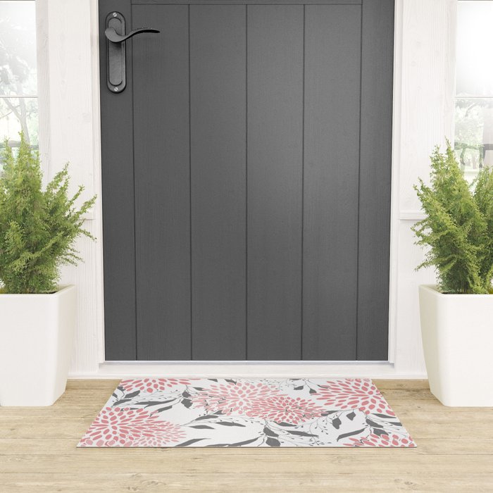 Festive, Floral Prints, Leaves and Blooms, Pink, Gray and White Welcome Mat Gallery Image 3