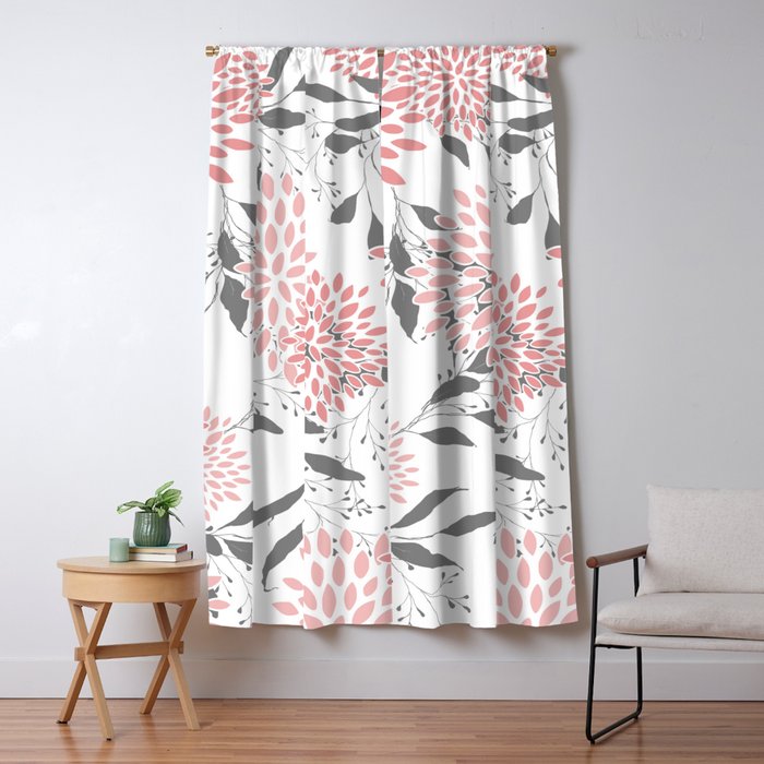Festive, Floral Prints, Leaves and Blooms, Pink, Gray and White Window Curtain Gallery Image 1