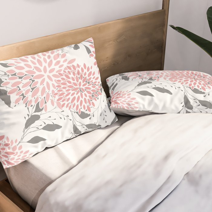 Festive, Floral Prints, Leaves and Blooms, Pink, Gray and White Pillow Sham Gallery Image 2
