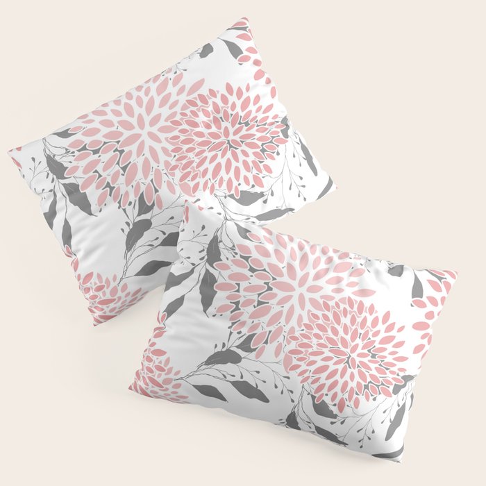 Festive, Floral Prints, Leaves and Blooms, Pink, Gray and White Pillow Sham Gallery Image 3