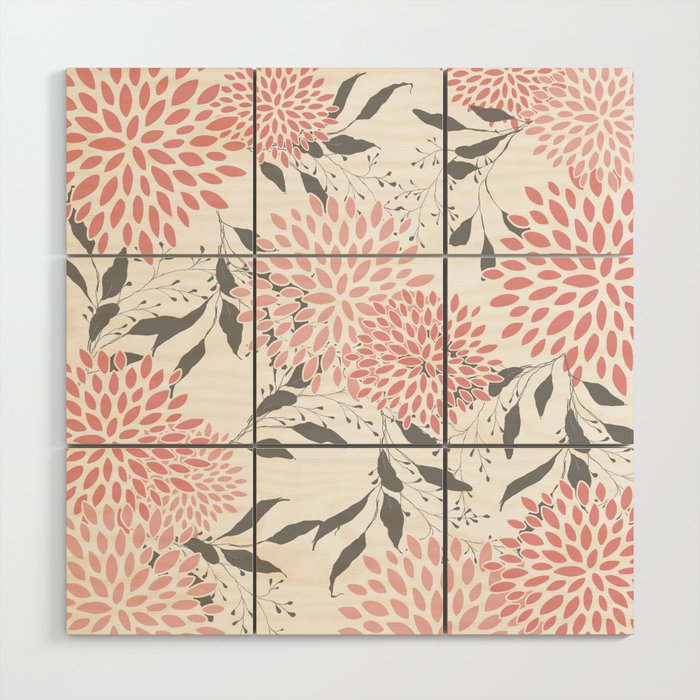 Festive, Floral Prints, Leaves and Blooms, Pink, Gray and White Wood Wall Art Gallery Image 1