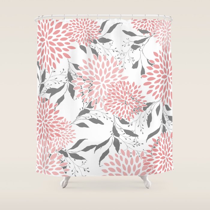 Festive, Floral Prints, Leaves and Blooms, Pink, Gray and White Shower Curtain Gallery Image 1